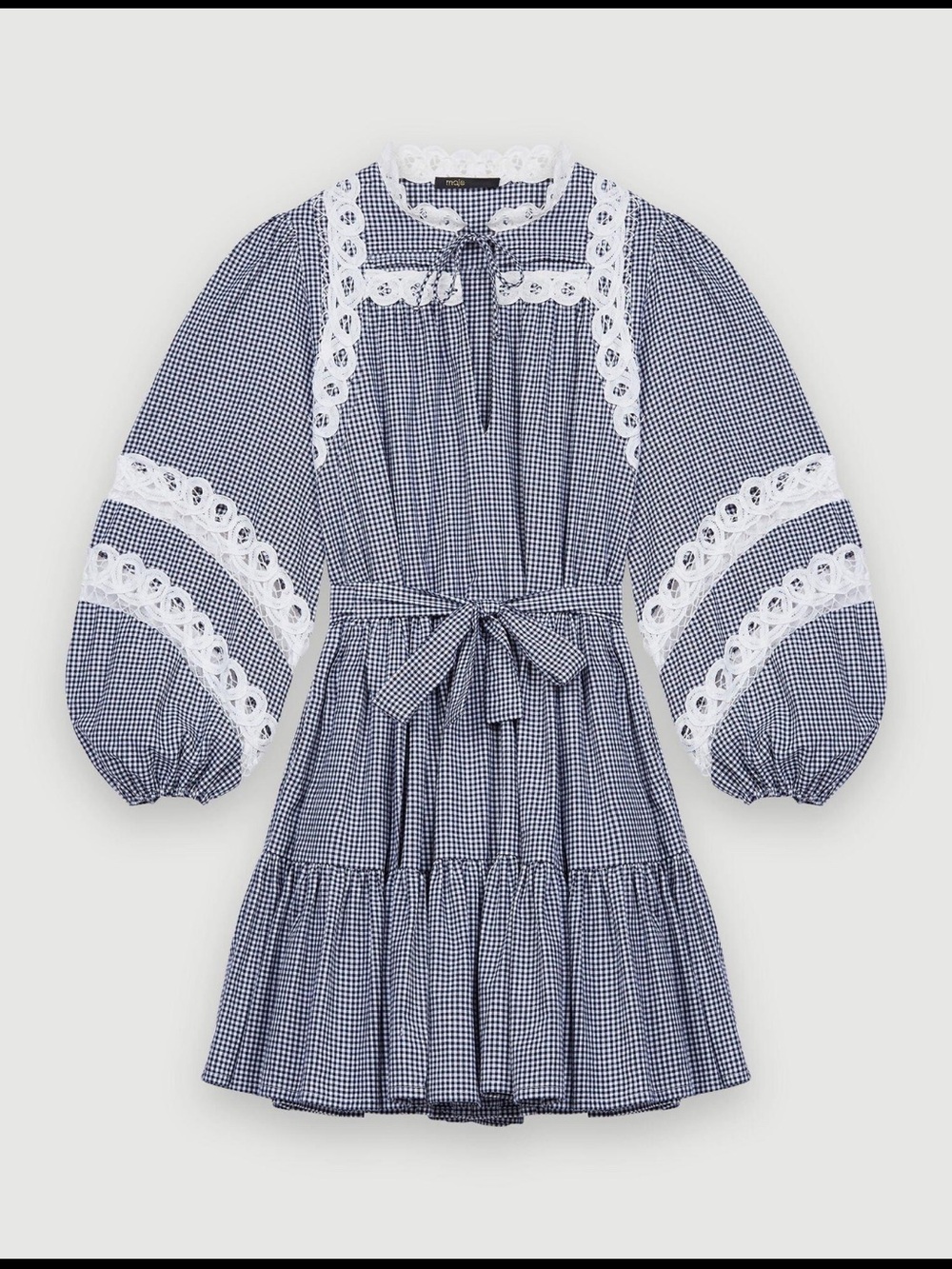 Maje Navy Gingham Lace-Trim Puff Sleeve Dress